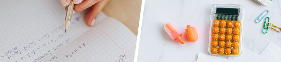 A person writing on paper, calculator and highlighter