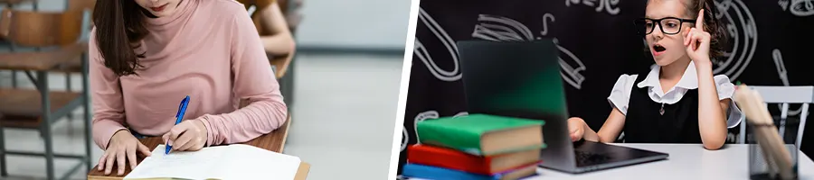 female student in a classroom, and another using a laptop at home