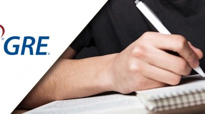 Man writing an essay combined with a GRE logo