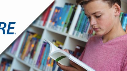 A kid reading a book inside a library combined with the GRE logo